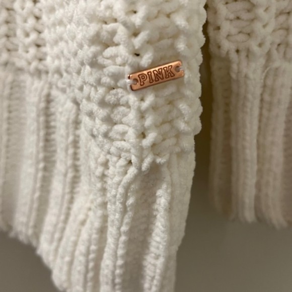 PINK Womens White Mock Neck White Ribbed Hem Open Knit Oversized Sweater Size XS - Picture 5 of 9